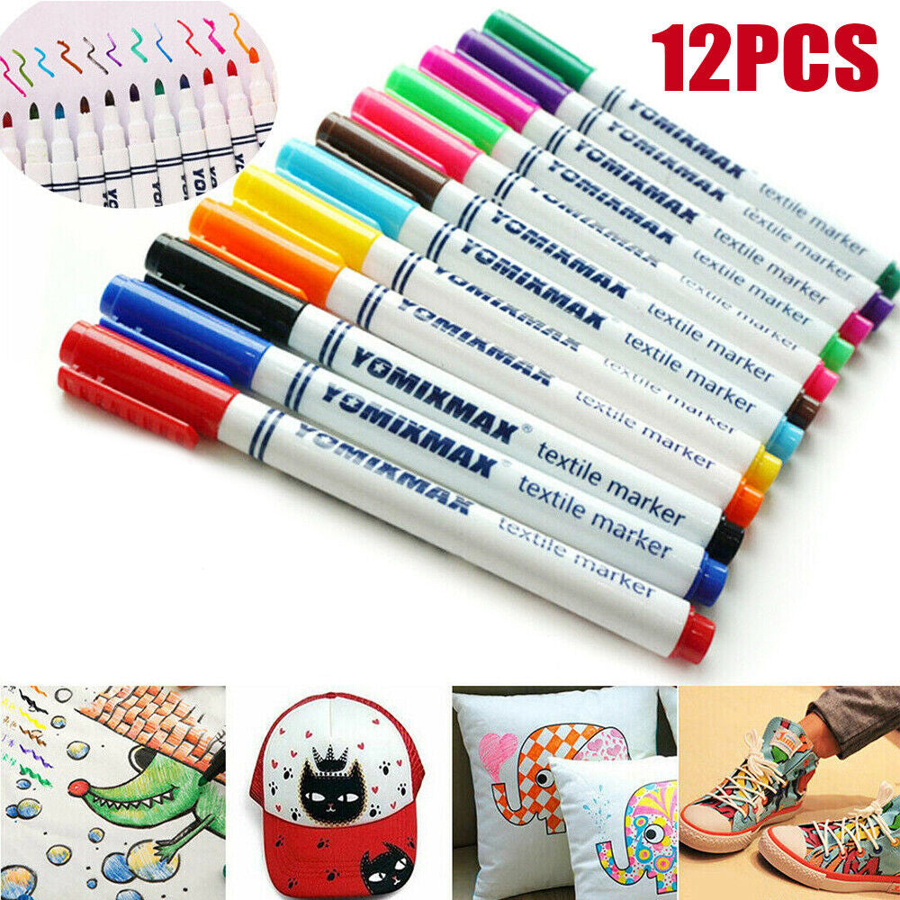 12Colors Fabric-Markers-Permanent-Pen-Paint-Clothing-Textile-Dye-T-Shirt-DIY-Set