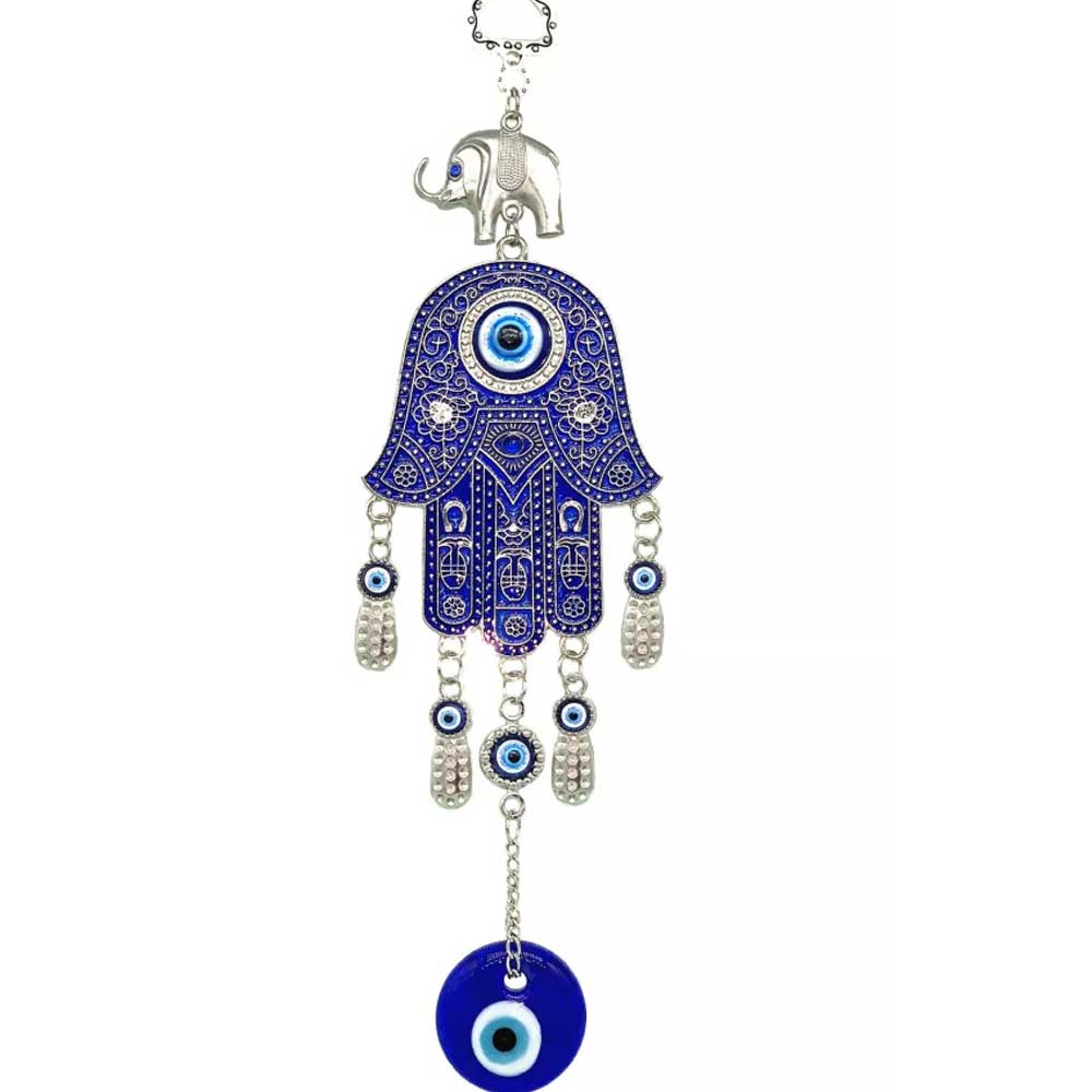 Turkish Blue Evil Eye Hamsa Hand with Elephant Wall or Car Hanging Amulet Gift