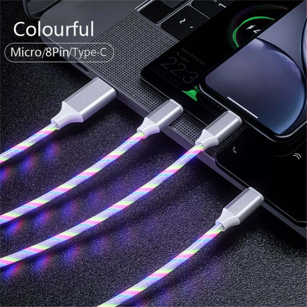 4PCS 1m LED Flowing Light Up 3 in 1 Charging Cable, Micro Type-C iPhone Cable