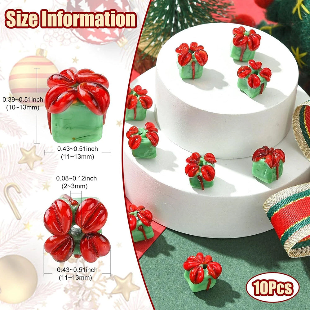 10PCS Christmas Beads – Green Gift Box Lampwork Glass Beads for Jewellery DIY