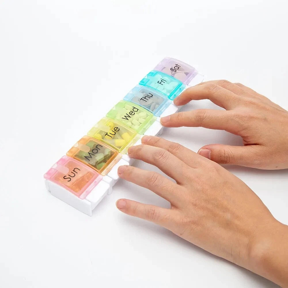 7-Day Pill Organizer with Push-Button Lids - One-Handed Medicine Sorter Box