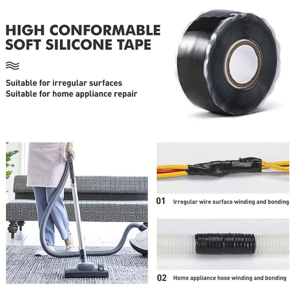 3Meter Self Fusing Silicone Tape Black Waterproof Non Adhesive Removable Seal