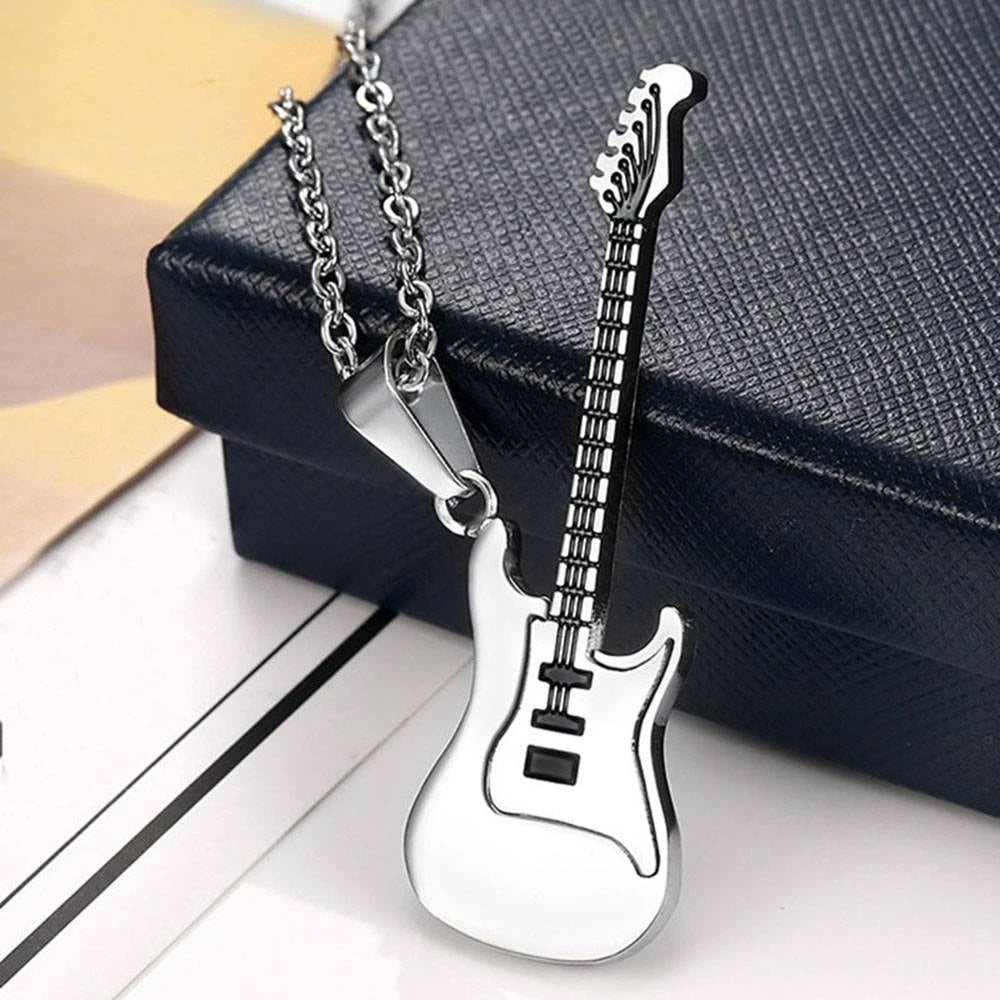 3-Piece Stainless Steel Music Guitar Pendant Necklace Set | Rock Style Unisex Jewelry Gift