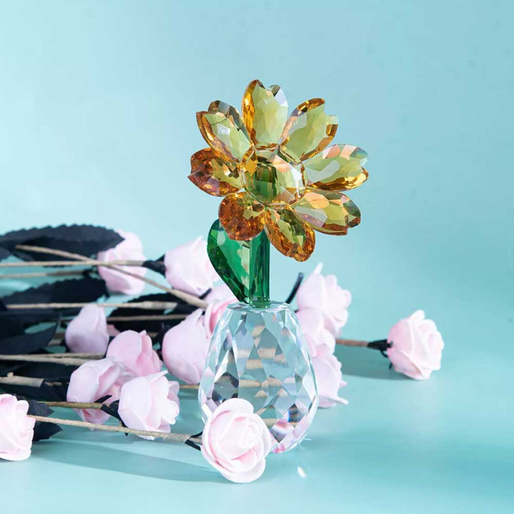 Crystal Sunflower Figurine – Glass Bouquet Flower Collectible Ornament for Table Decor