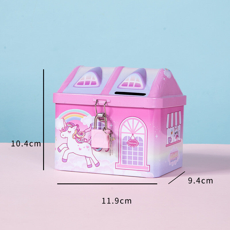 Boys Girls House Model Kids Money Piggy Bank Coin Saving Cash Tin Metal Box Unicorn