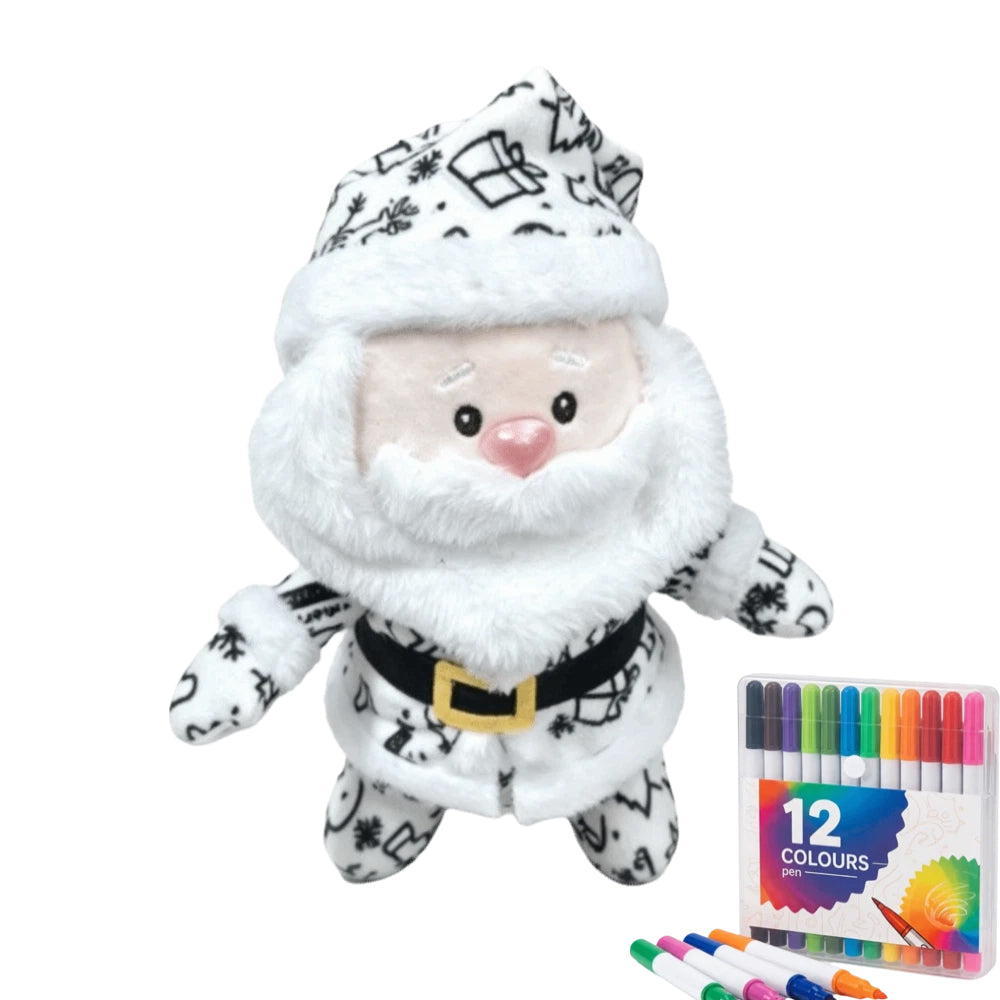DIY Paintable Santa Plush Toy – Christmas Craft Kit with 12 Coloured Pens