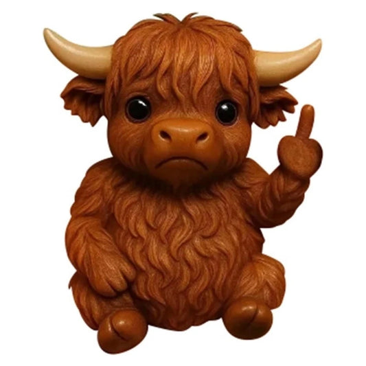 Sassy Middle Finger Highland Cow Statue - 3D Lifelike Resin Figurine for Desk Decor (7cm)