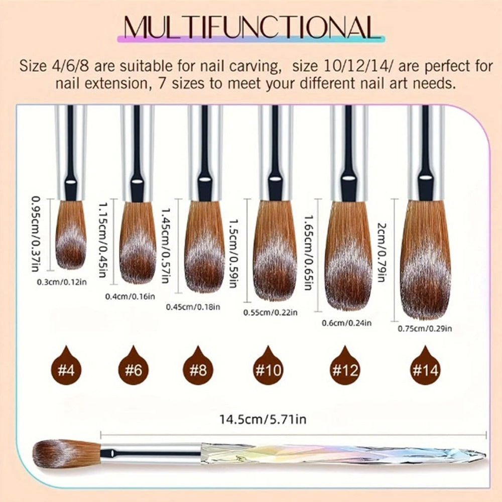 Professional 6Pcs Sable Nail Brushes Set for Acrylic Nails, 3D Carving & Nail Extensions