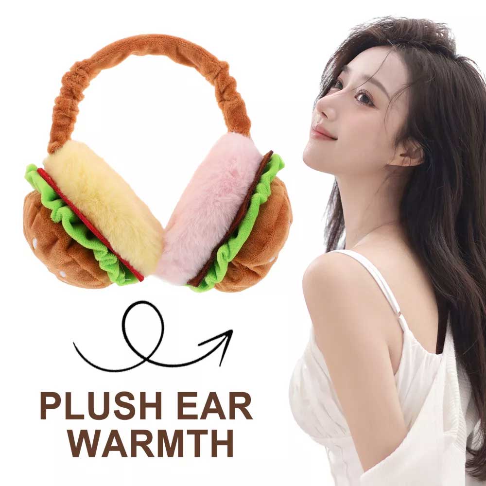 Hamburger Ear Muffs – Funny Fast Food Plush Ear Warmers for Adults, Foldable & Portable Cold Weather Accessory