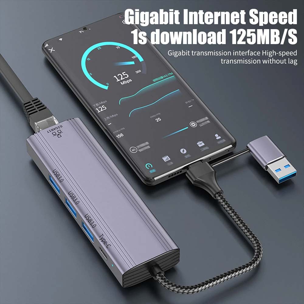 5-in-1 USB C to Gigabit Ethernet Adapter - 1000Mbps RJ45 LAN with 3 USB 3.0 Ports
