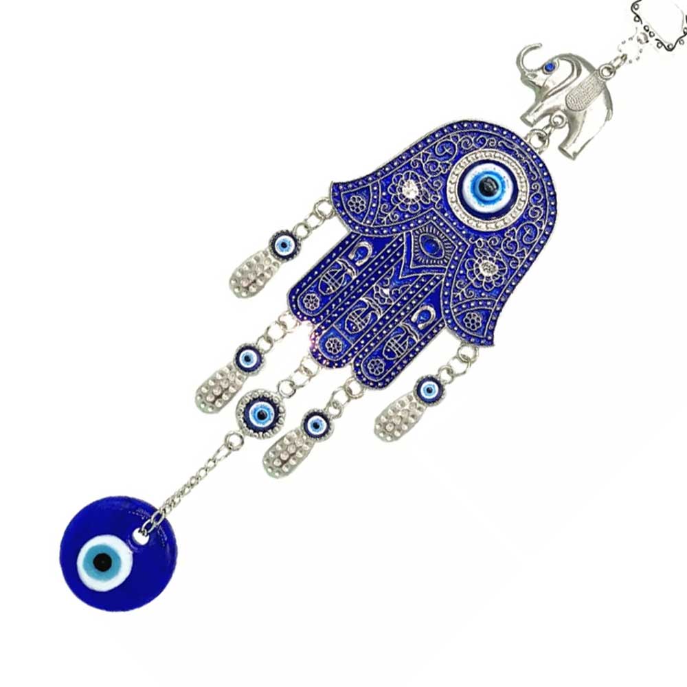 Turkish Blue Evil Eye Hamsa Hand with Elephant Wall or Car Hanging Amulet Gift