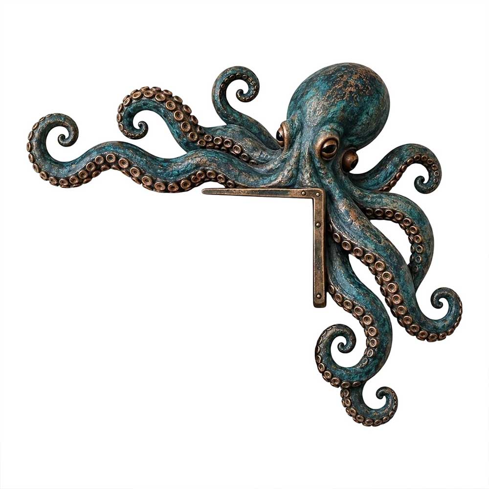 1Pair Octopus Door Frame Decor – Wooden Nautical Door Corner Statue, 20cm