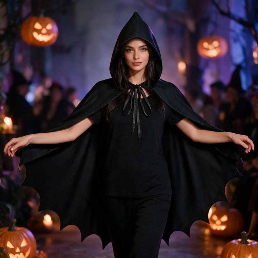 Halloween Bat Hooded Cloak – Medieval Gothic Cape Costume, Black 110x190cm