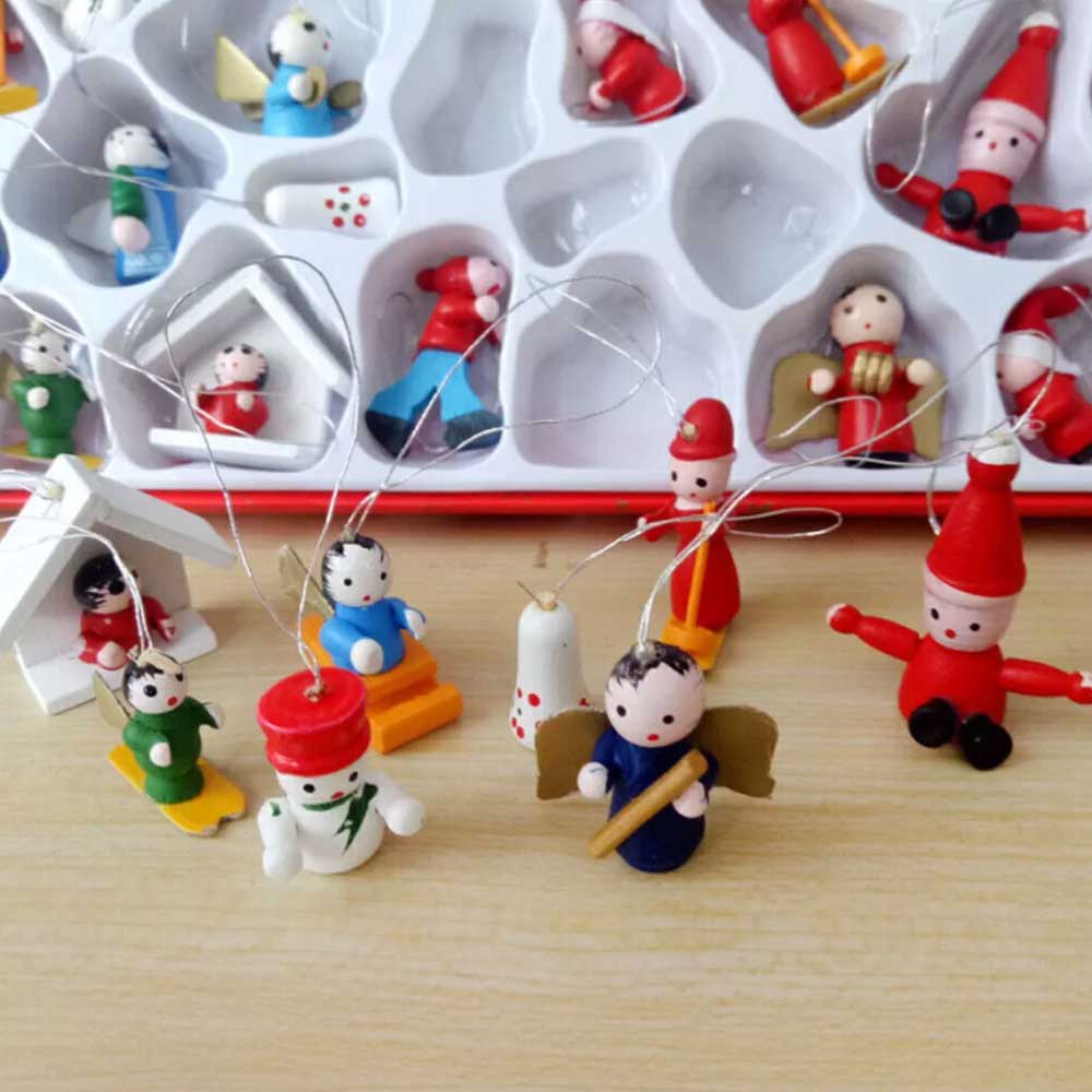 Miniature Wooden Christmas Tree Decor Figures Pendant Hanging Xmas Ornament Set