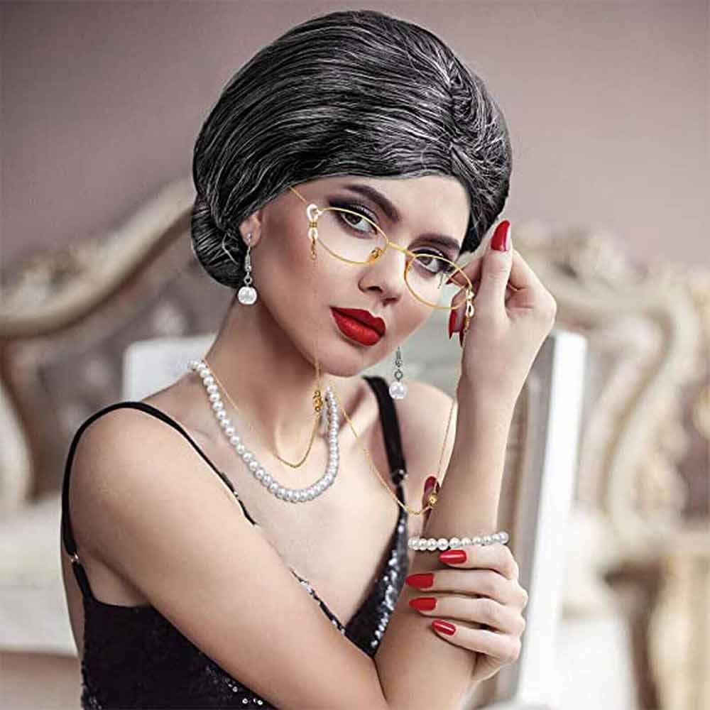 7 Pcs Grandma Old Lady Costume Set Granny Wig Adult Kids The 100Days Of School