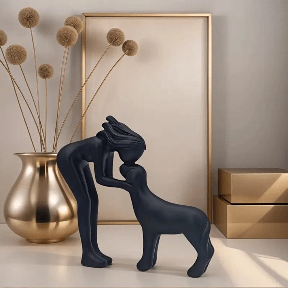 Black Minimalist Human & Dog Statue - 3D Printed Figurine for Pet Lovers, Hand-Like Pose Home Decor