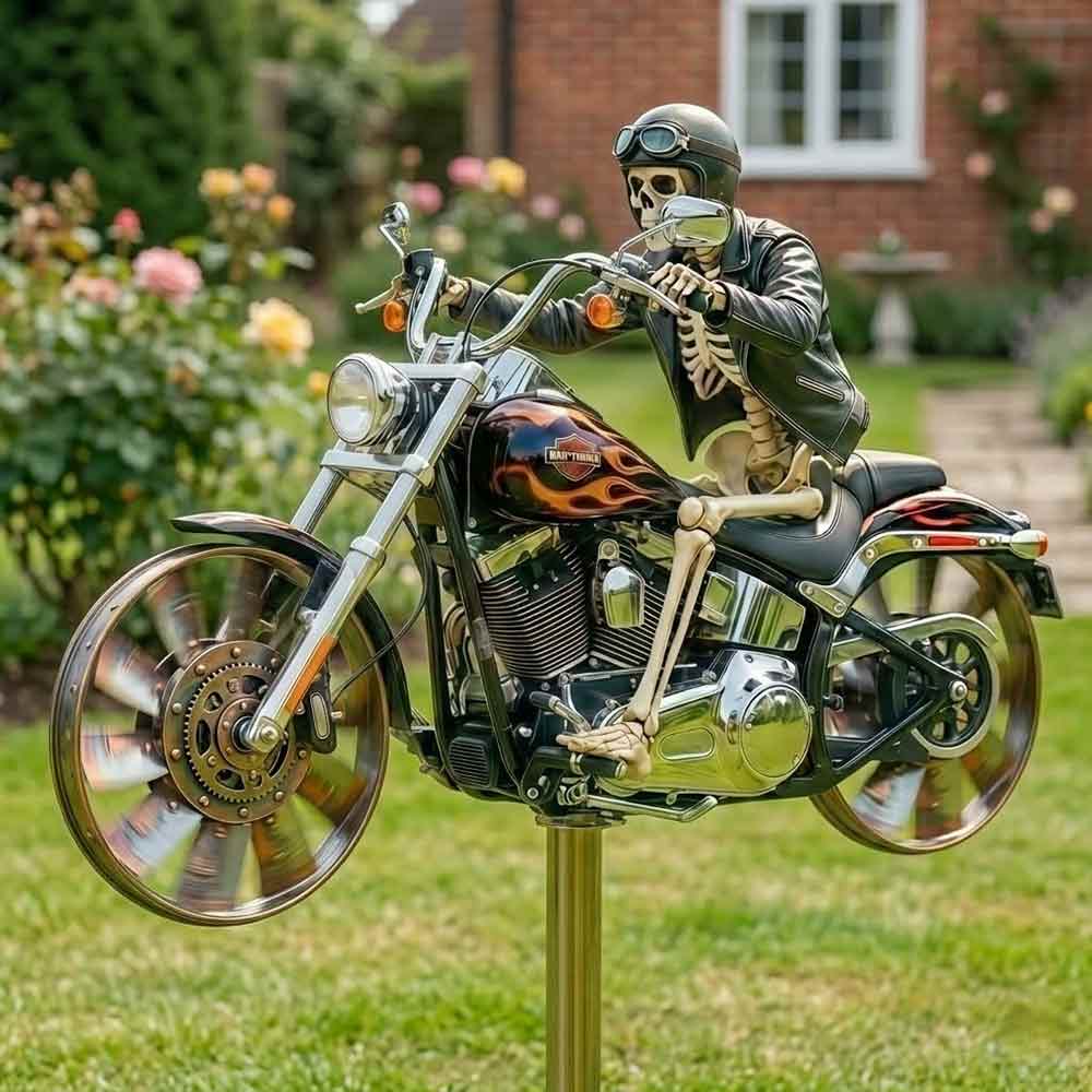 2D Flat Motorcycle Wind Spinner – Yard Garden Biker Windmill Stake with Rotating Wheels