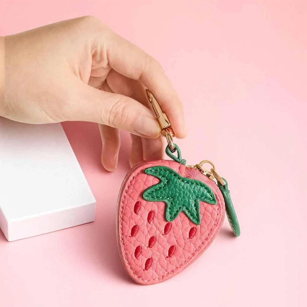 Strawberry Leather Coin Purse Keychain - Mini Zipper Pouch & Bag Charm