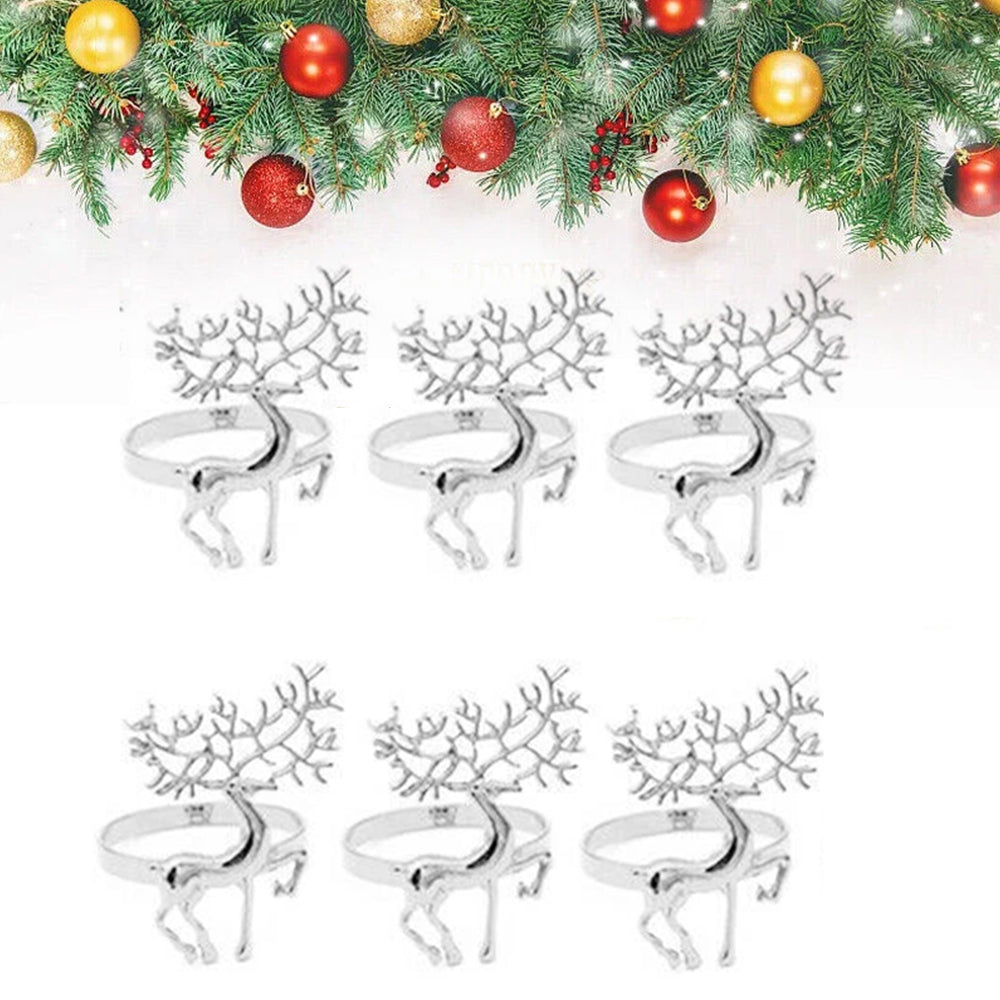 6-Piece Silver Reindeer Napkin Ring Set - Elegant Zinc Alloy Christmas Table Decor