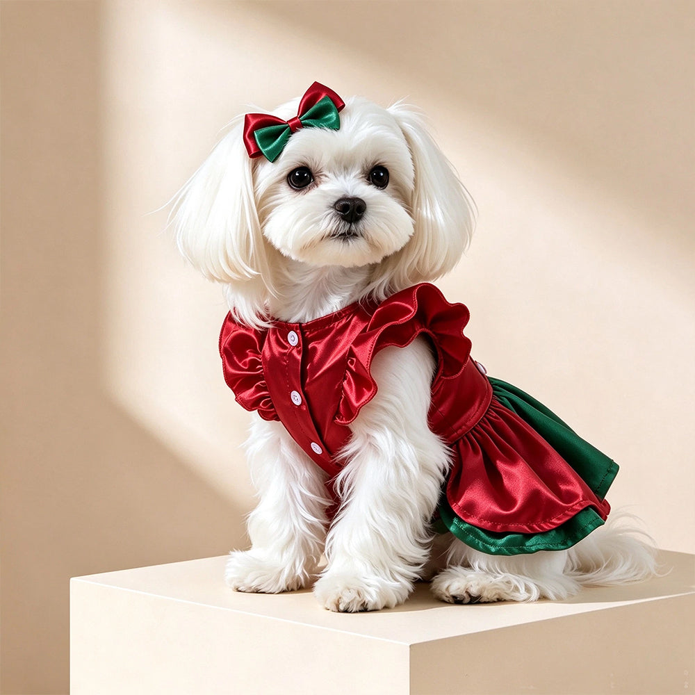 Christmas Pet Outfit – Red & Green Dog Dress with Bow & Flower Headpiece FOR 2-3kg