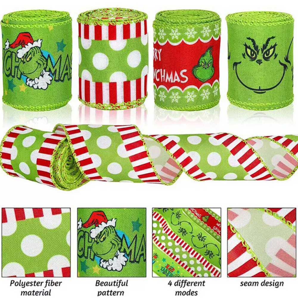 4pcs Grinchs Ribbon Wired 2.5In 4 Roll 20Yards Christmas Ribbon Wreaths Bows DIY