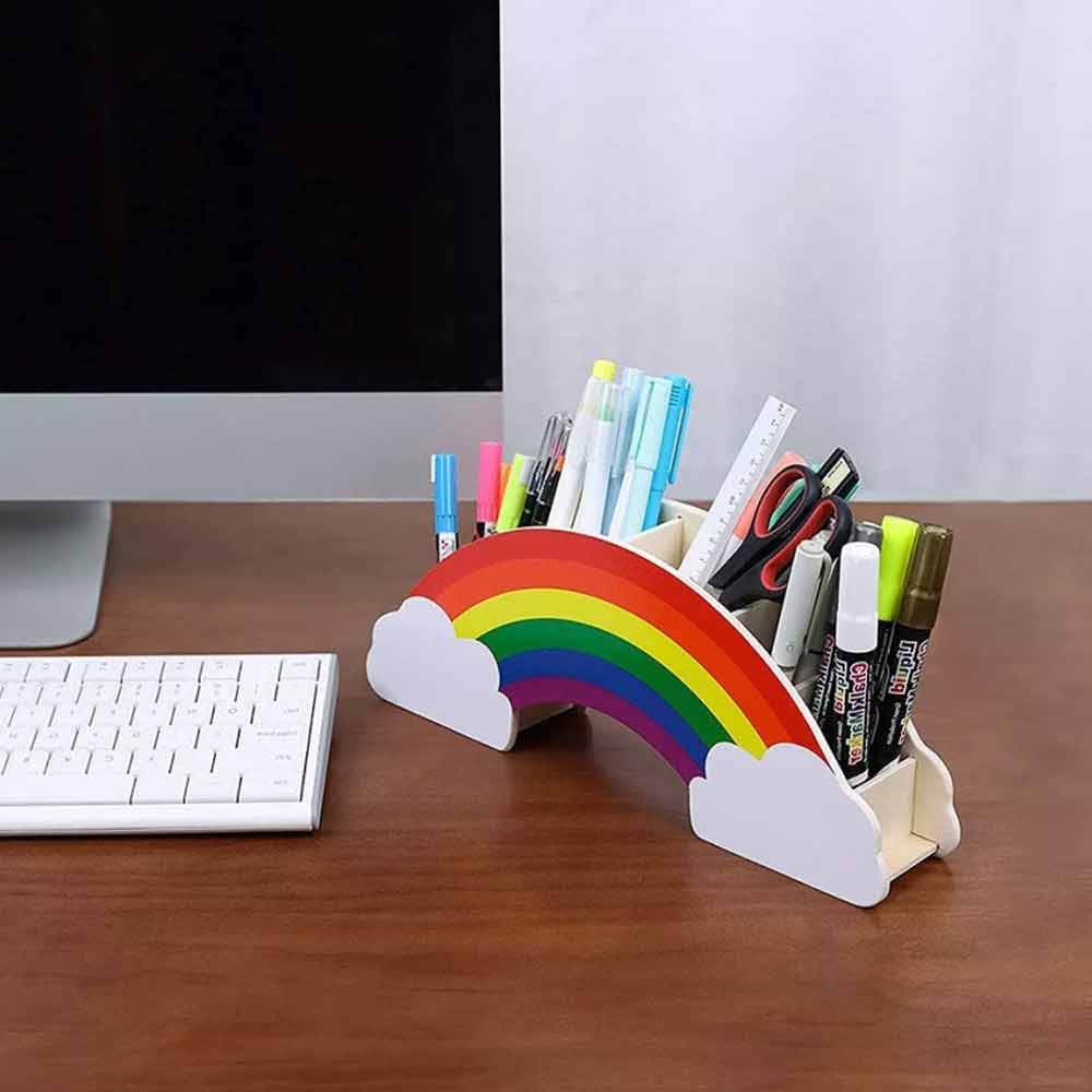 Rainbow Wooden Pen Holder DIY Pencil Container Storage Box Phone Desk Organizer