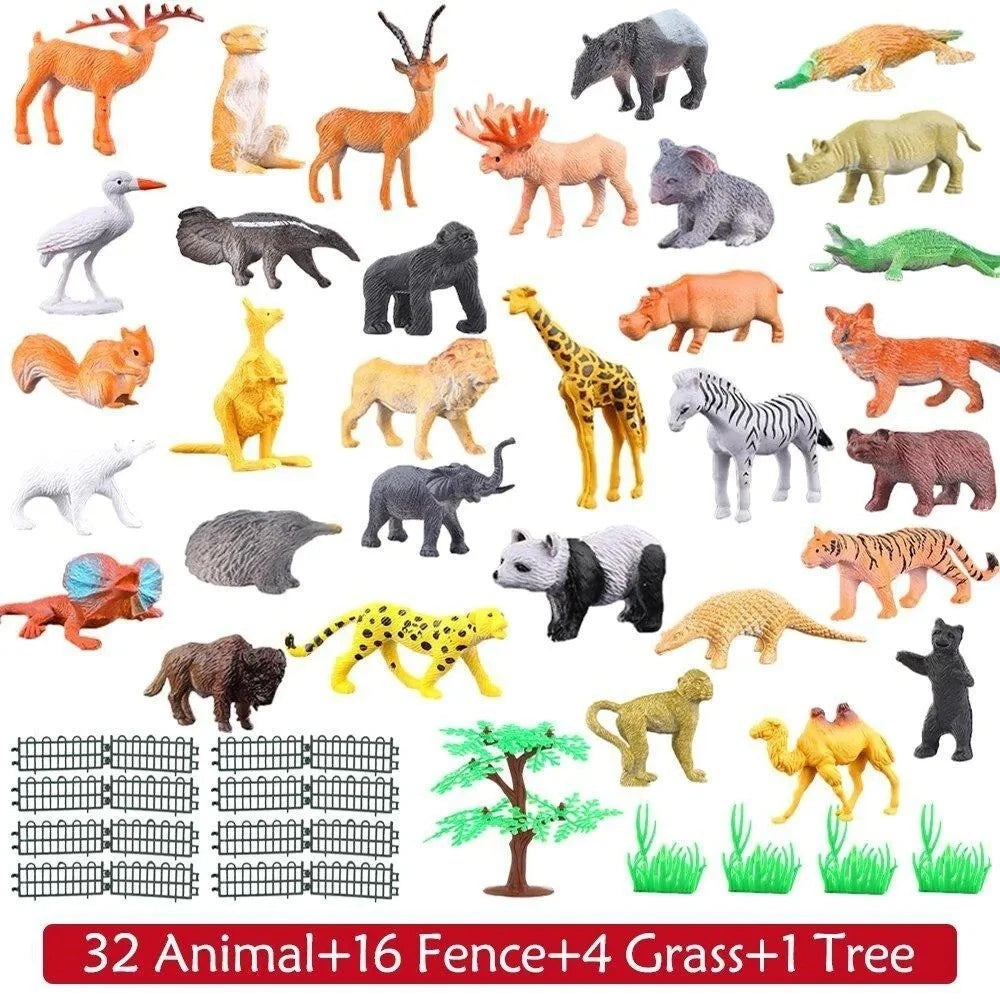 53pc Jungle Animal Figures Set - Mini Wild Zoo Toys with Fence & Trees