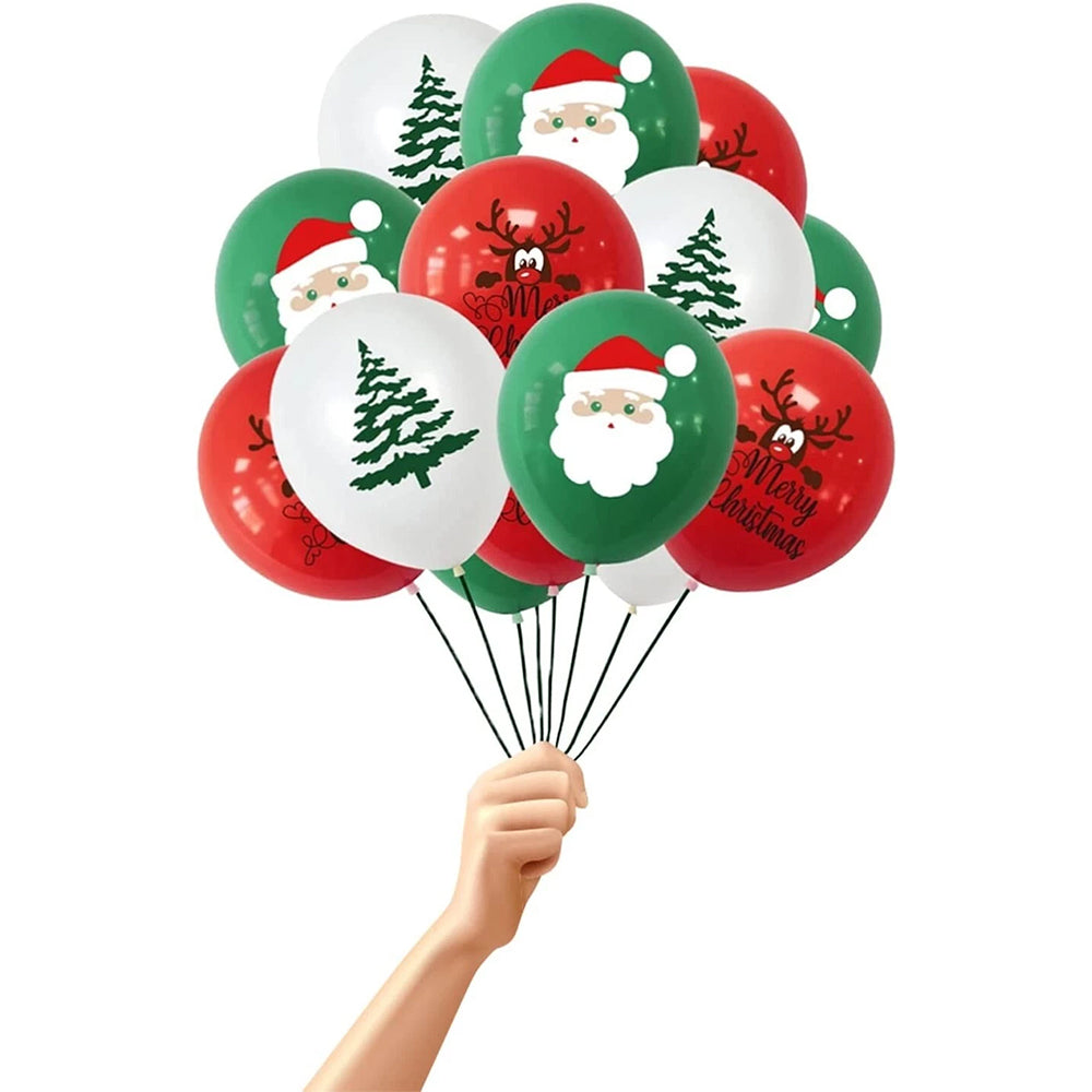 24-Pack Christmas Latex Balloons -Red, Green & White Santa & Tree Print Party Decorations