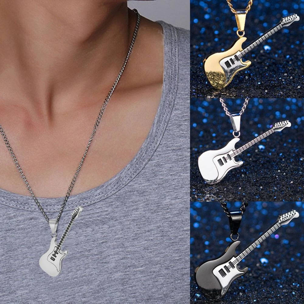 3-Piece Stainless Steel Music Guitar Pendant Necklace Set | Rock Style Unisex Jewelry Gift