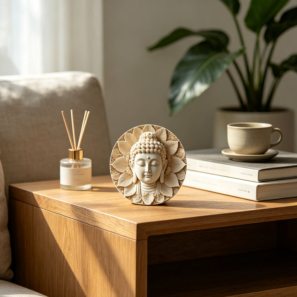 Wooden Buddha Head Plaque – Round Hanging Wall Decor for Indoor Outdoor Home Garden 20cm