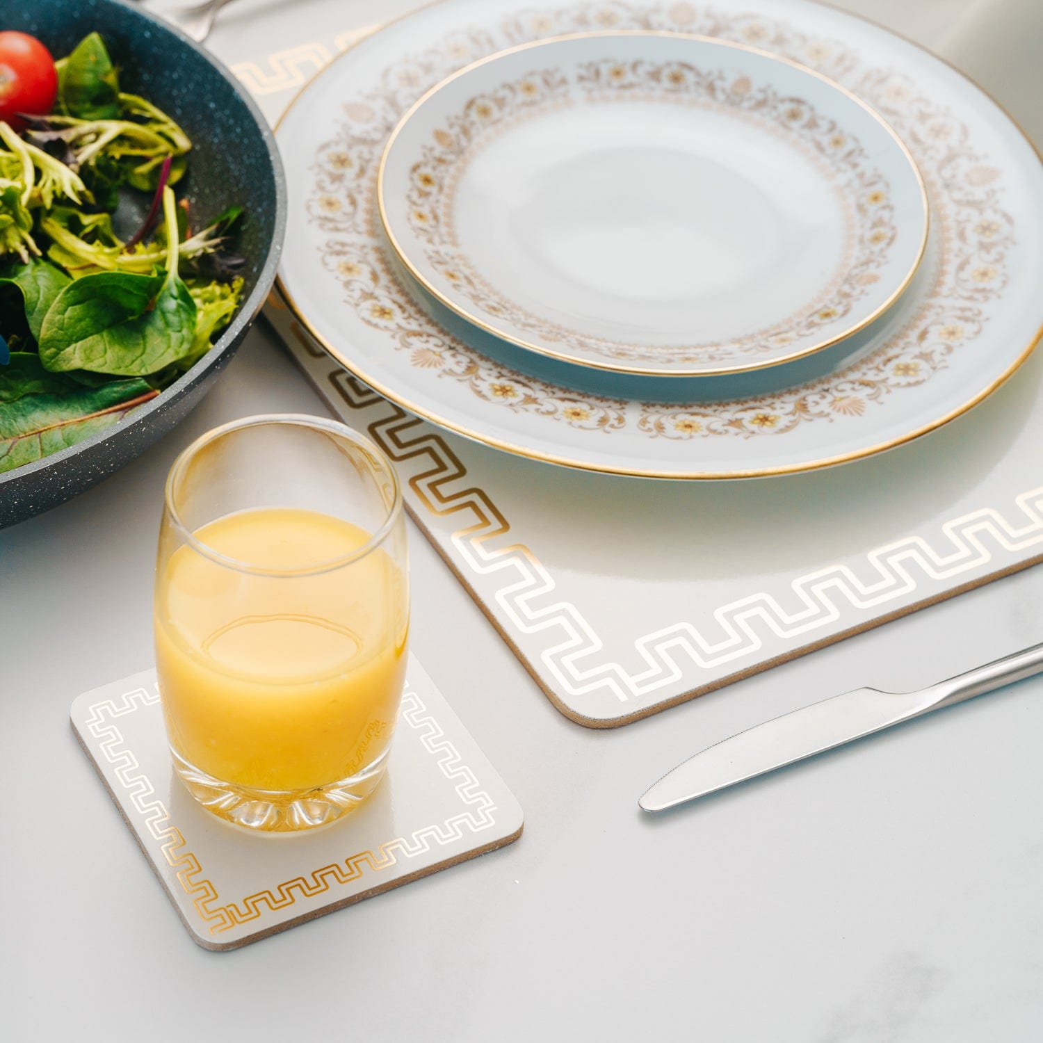 Clevinger 8 pcs MDF Placemats and Coasters Gold Border