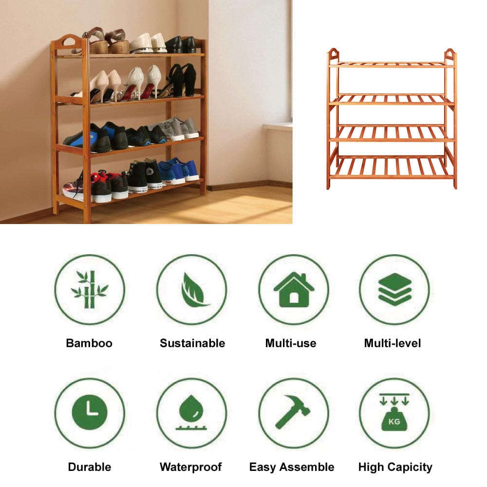 Bamboo Storage Shoe Rack & Organiser 4 Tiers Layers