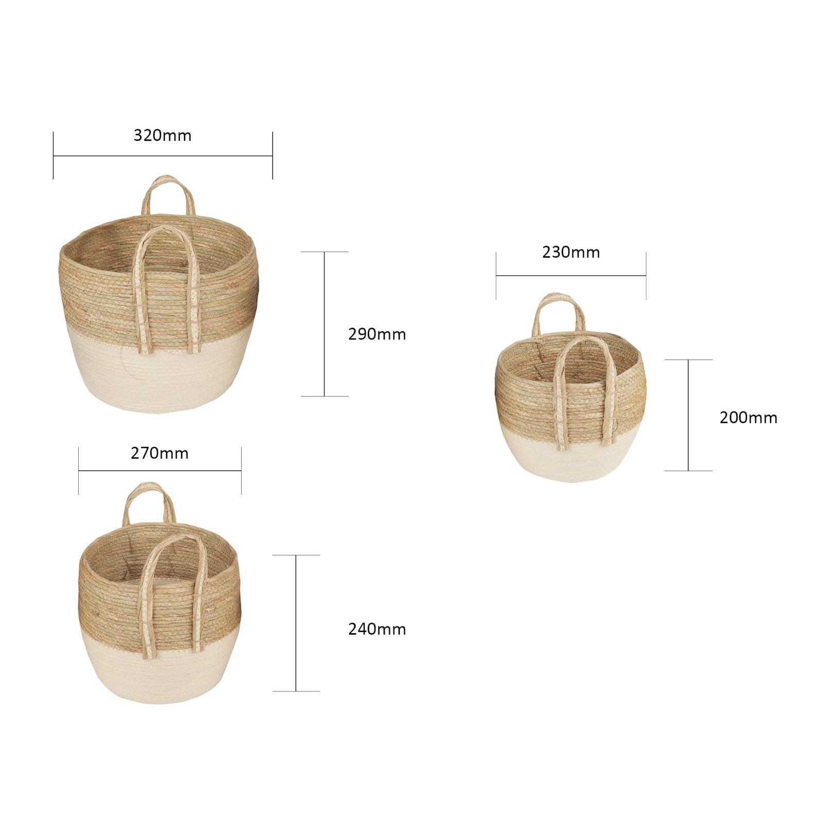 3 Piece Cotton Rope Stripe Carry Handles Storage Baskets Set