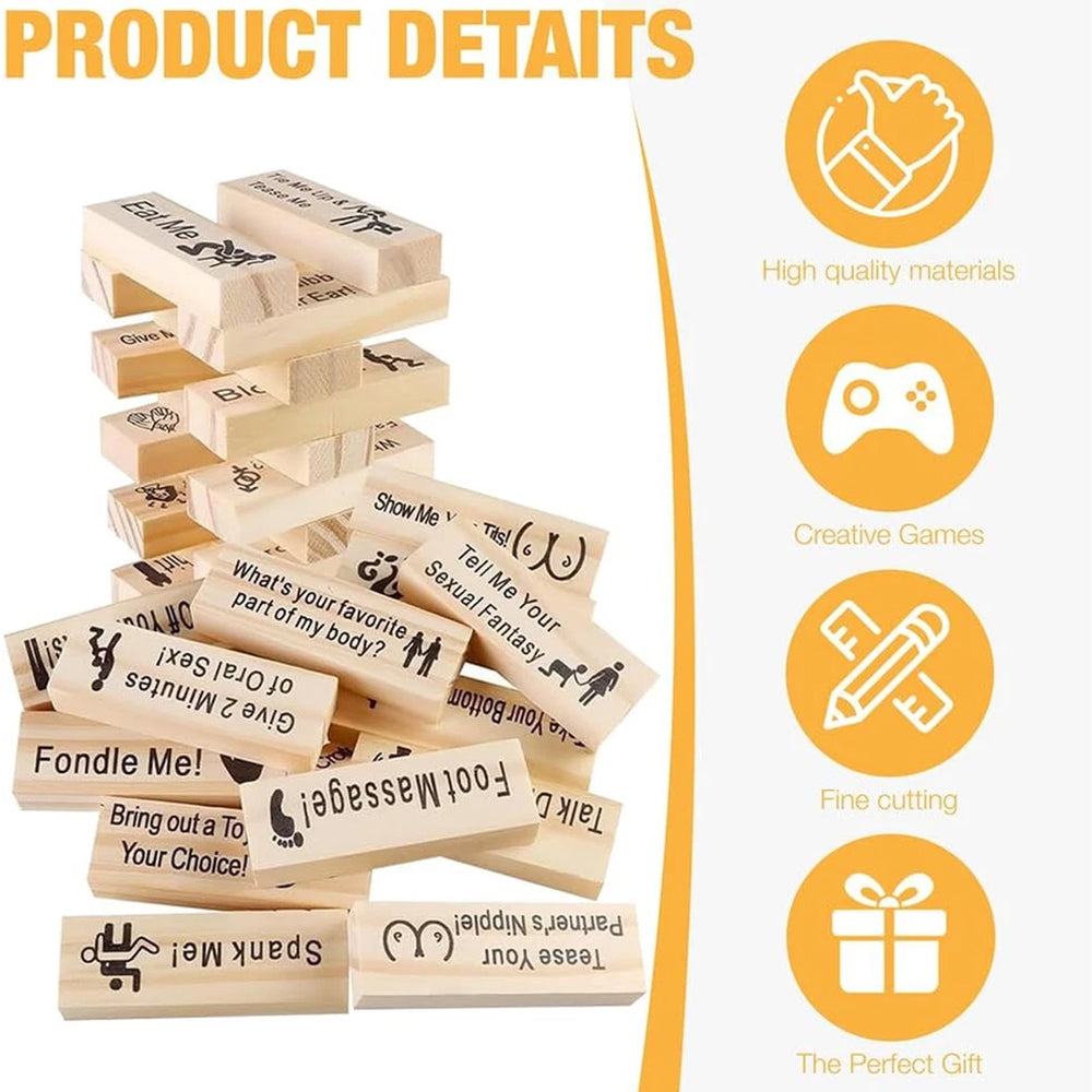 48 Blocks Adult Naughty Games - Wooden Tumble Tower with Bag, Couples Date Night