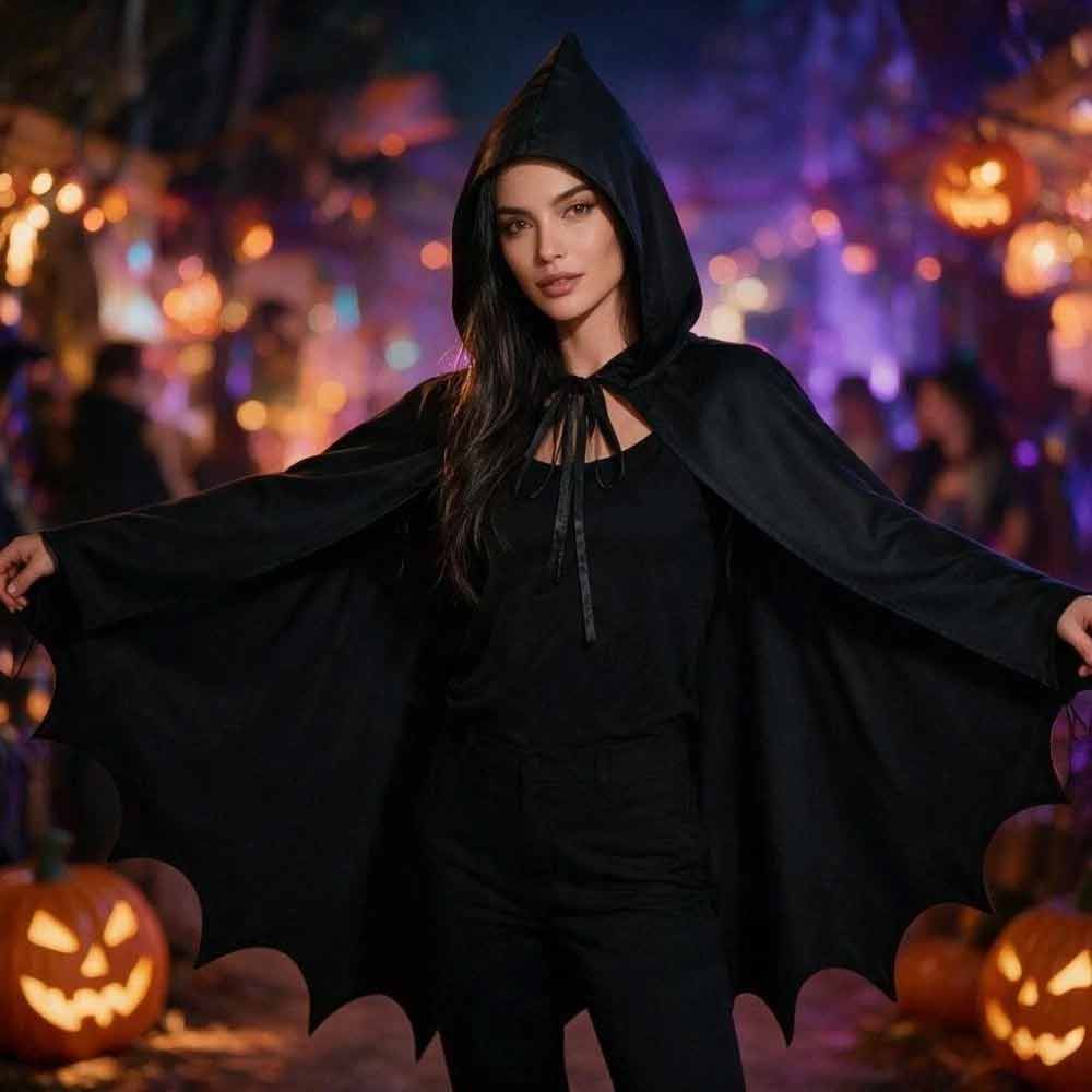 Halloween Bat Hooded Cloak – Medieval Gothic Cape Costume, Black 110x190cm