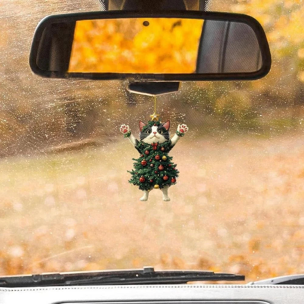 2Pcs Cute Cat in Christmas Tree Costume Hanging Ornaments 2D Acrylic Tree Pendants Decor