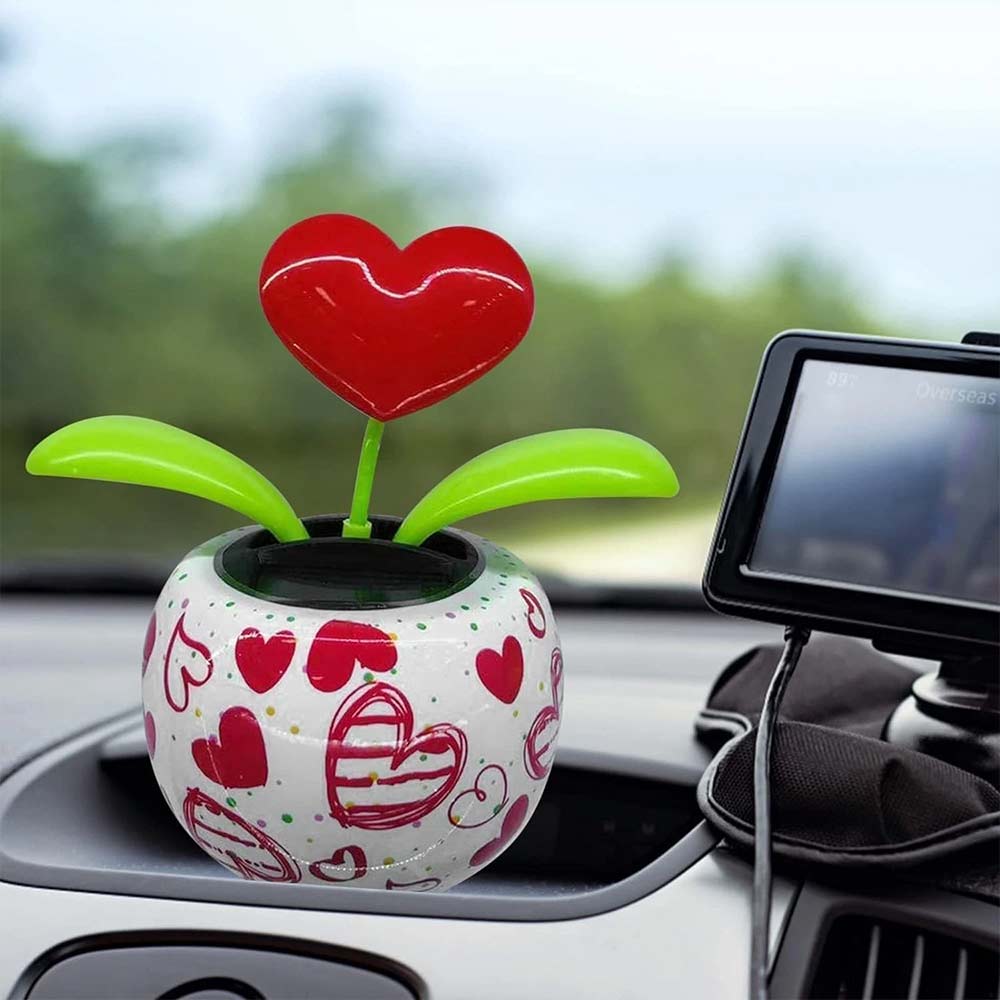 Red Solar Dancing Flower - Heart Swing Figurine Car Decor Toy, Solar Powered