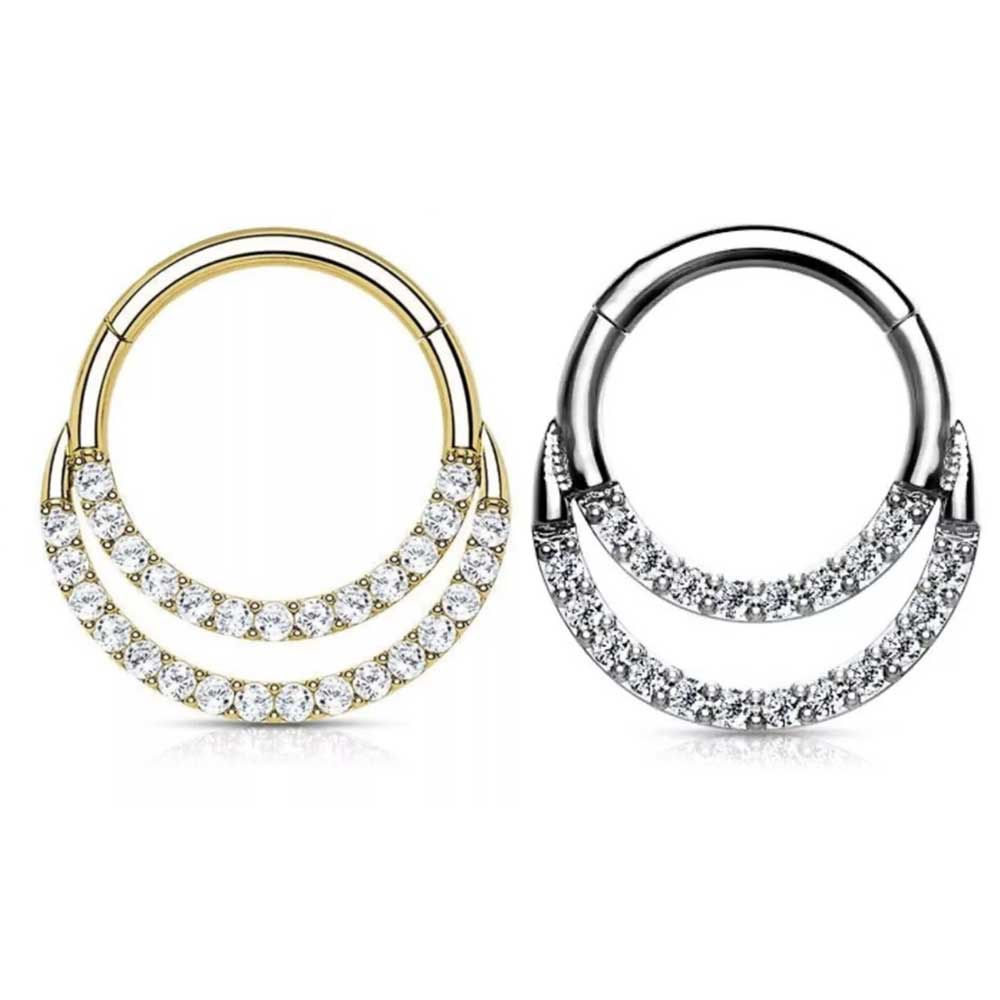 Surgical Steel 16g Double Layered Hinged Ring CZ Clicker Nose Septum Piercing