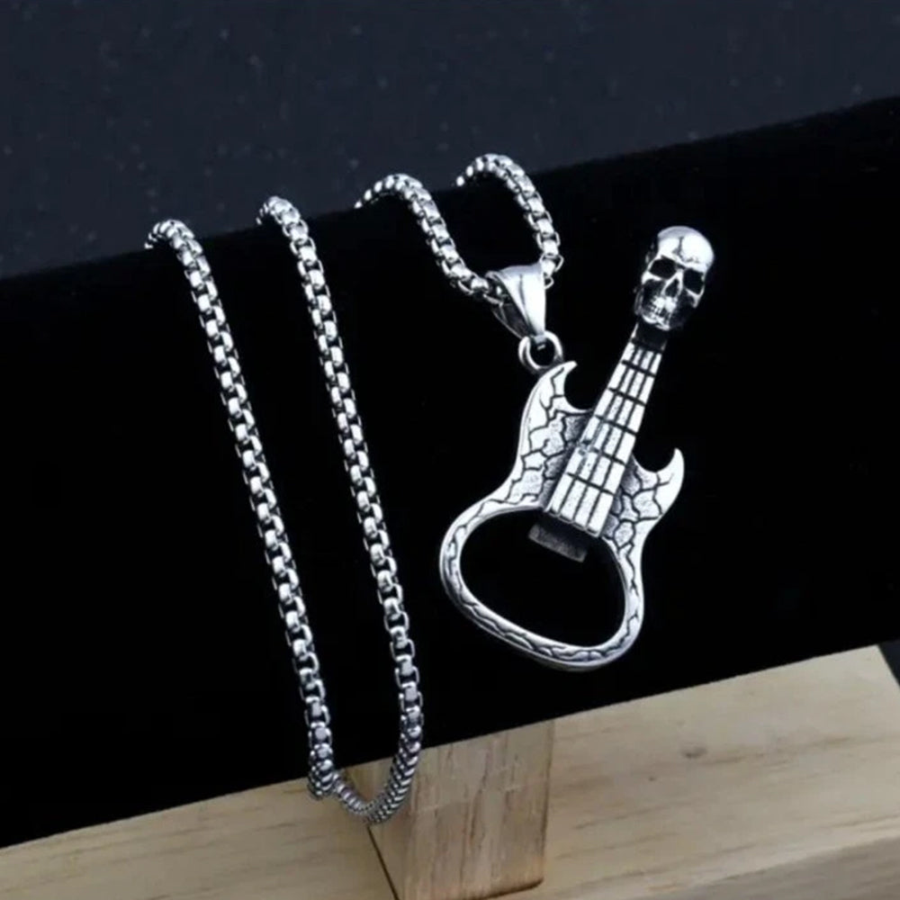 Rock Music Skull & Guitar Pendant Necklace | Stainless Steel Hip Hop Biker Jewelry for Men & Women