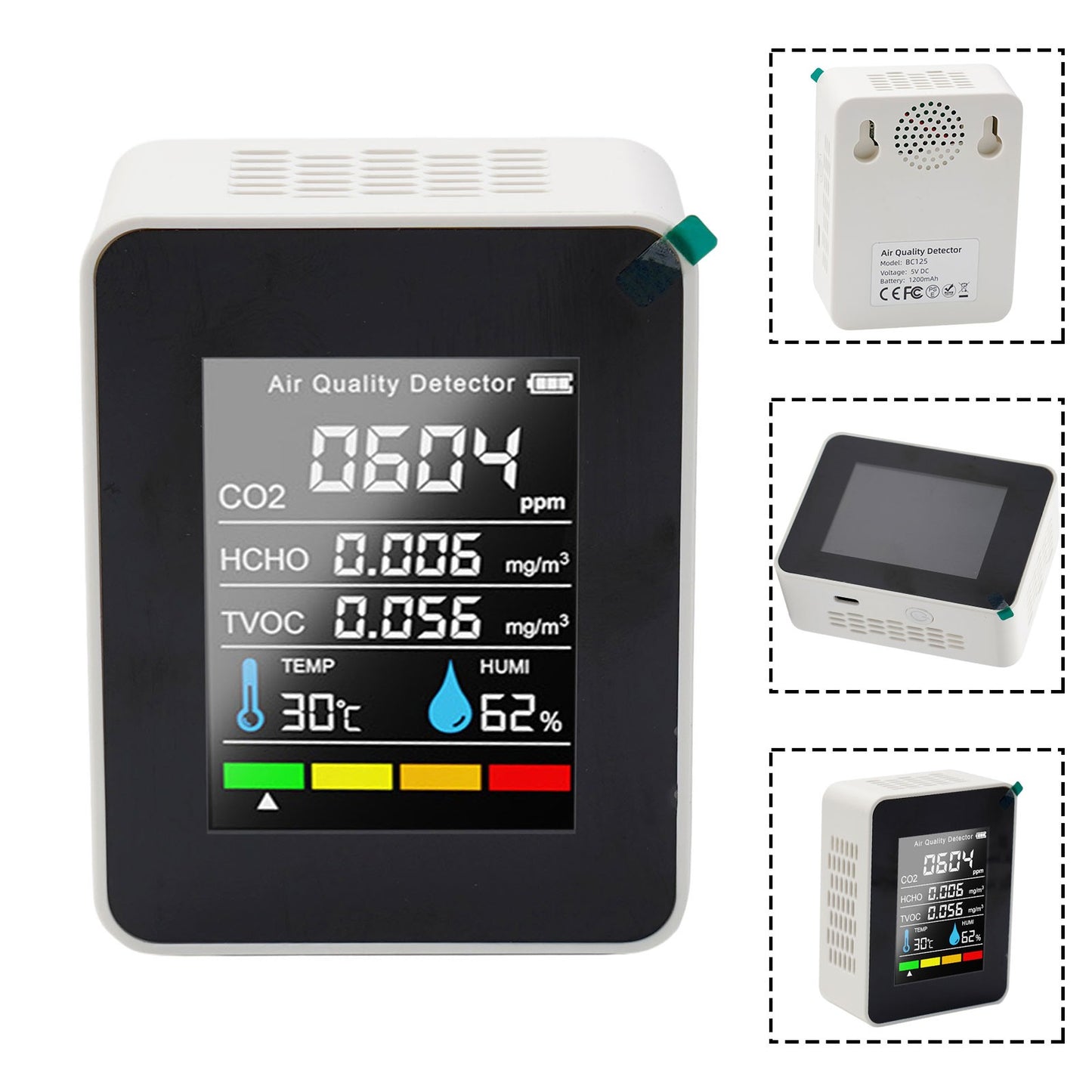 5-in-1 Air Quality Monitor – Portable CO2, HCHO, TVOC, Temp & Humidity Detector with USB-C Recharge