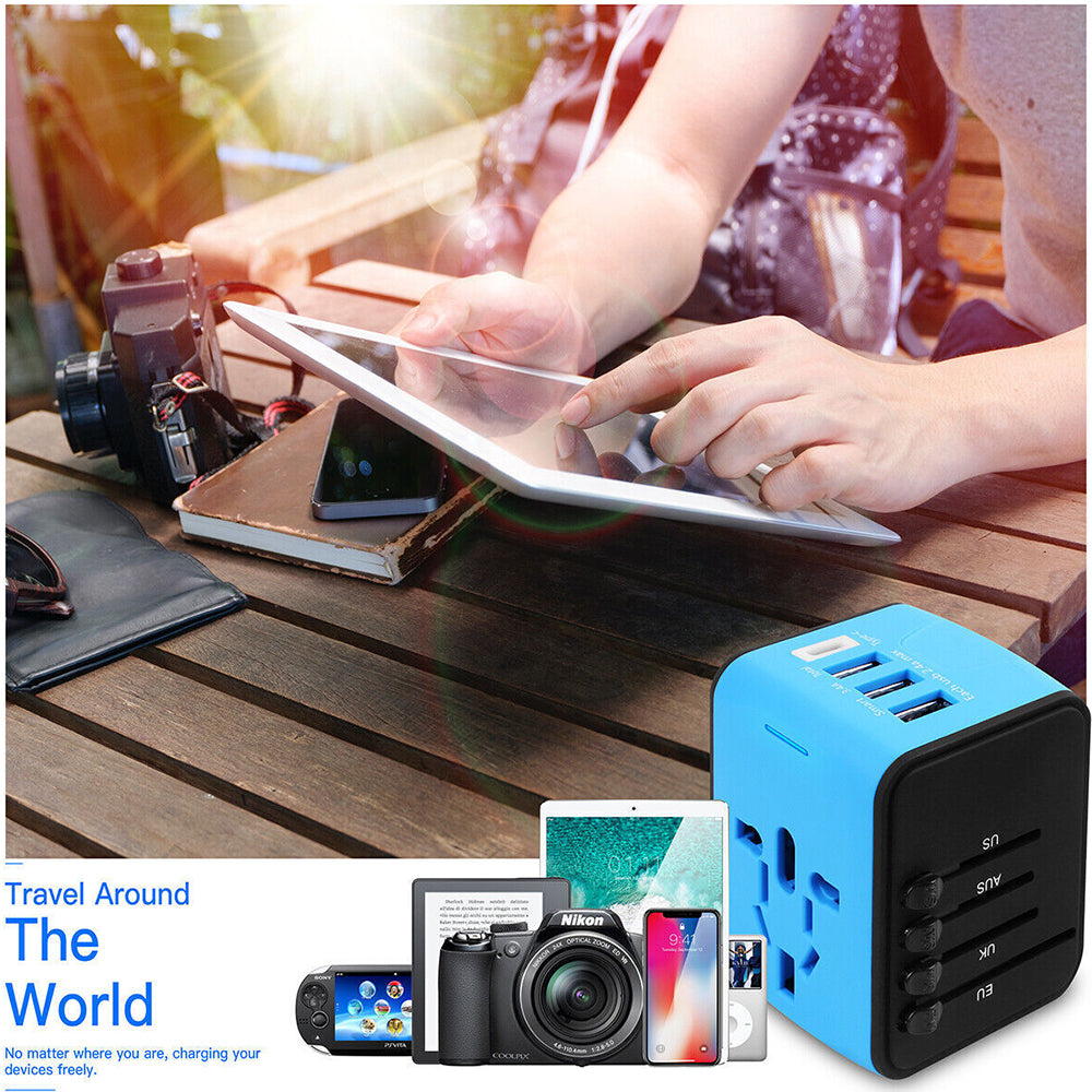 Universal World Travel Adapter 3 USB + Type-C Charger US/UK/EU/AU Plug Converter