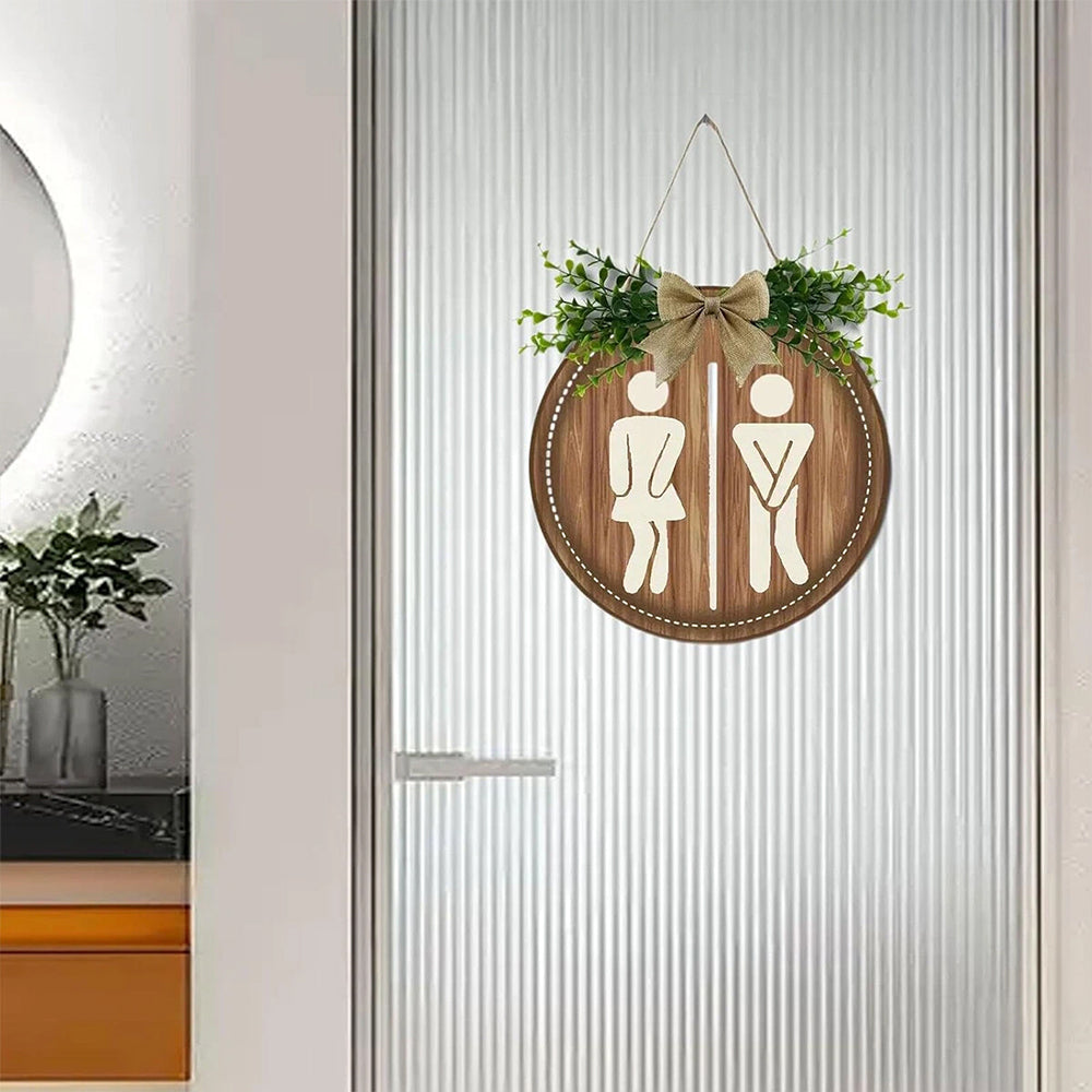 Bathroom Gender Sign – Rustic Wooden Round Hanging Toilet Door Plaque Decor 23CM