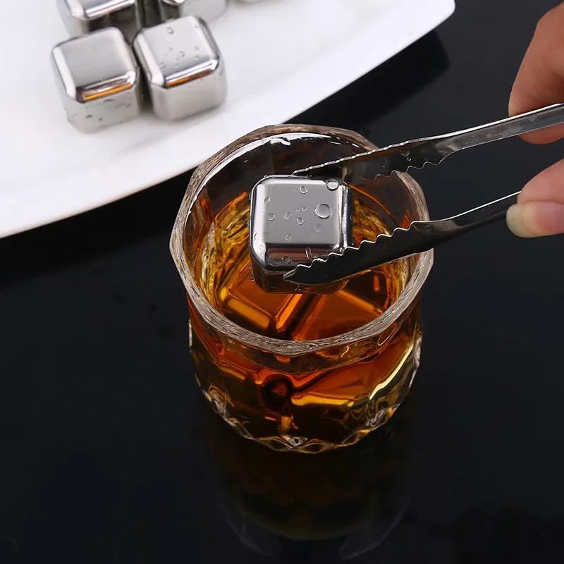 6Pcs Stainless Steel Whiskey Wine Stone Ice Cube With Tong Reusable Cooling Rock