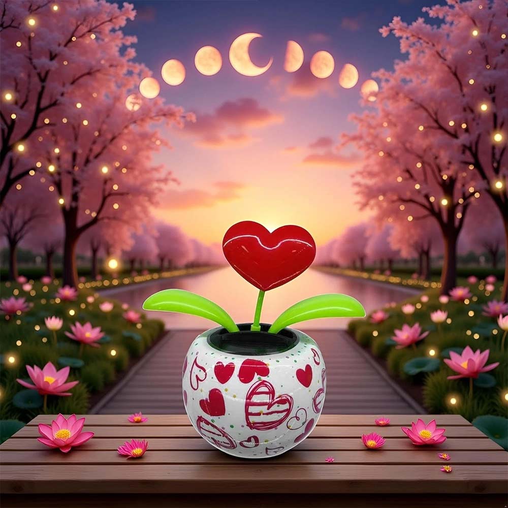 Red Solar Dancing Flower - Heart Swing Figurine Car Decor Toy, Solar Powered