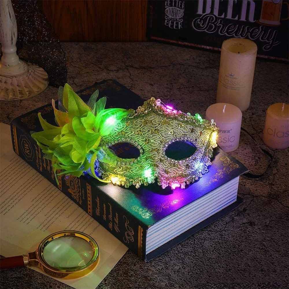 2X Random LED Masquerade Mask – Lace Venetian Light Up Mask with Side Flower for Women