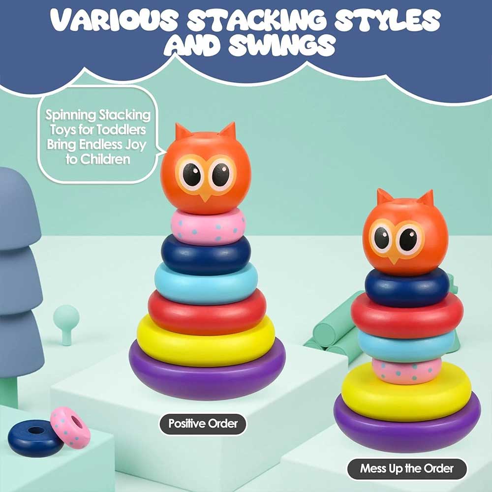 Owl Tumbler Stacking Toy Wooden Rainbow Spinning Rings Tower