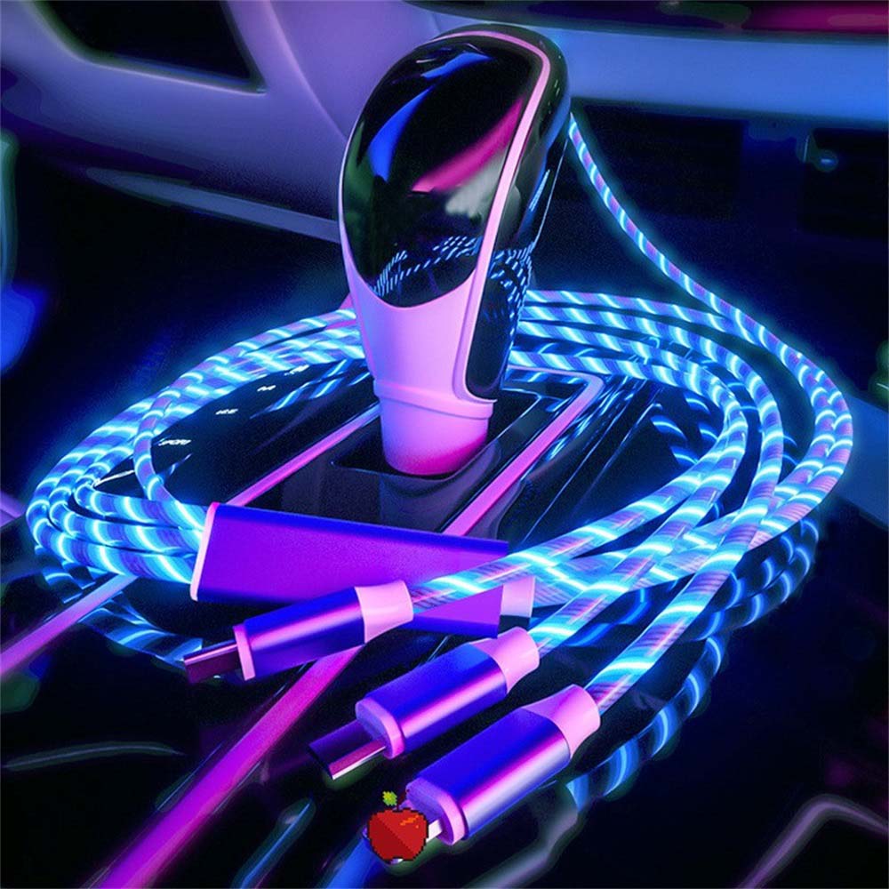 4PCS 1m LED Flowing Light Up 3 in 1 Charging Cable, Micro Type-C iPhone Cable