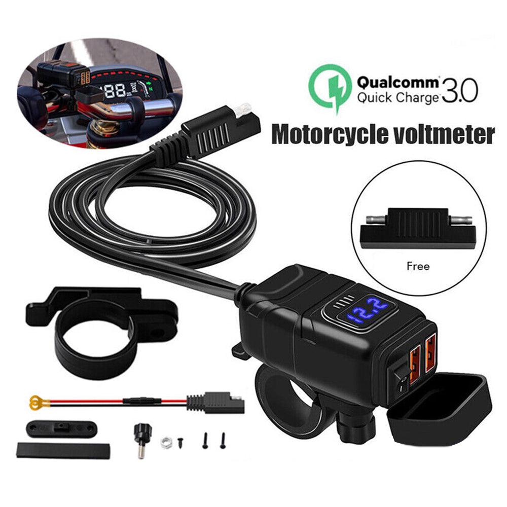 Dual USB Port Motorcycle Fast Charger Socket LED Voltmeter Display ON/OFF Switch