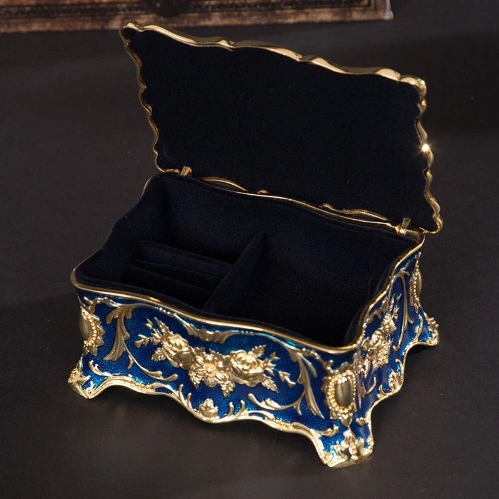 Jewellery Storage Box – Retro Alloy Organiser, Ring Necklace Case Blue