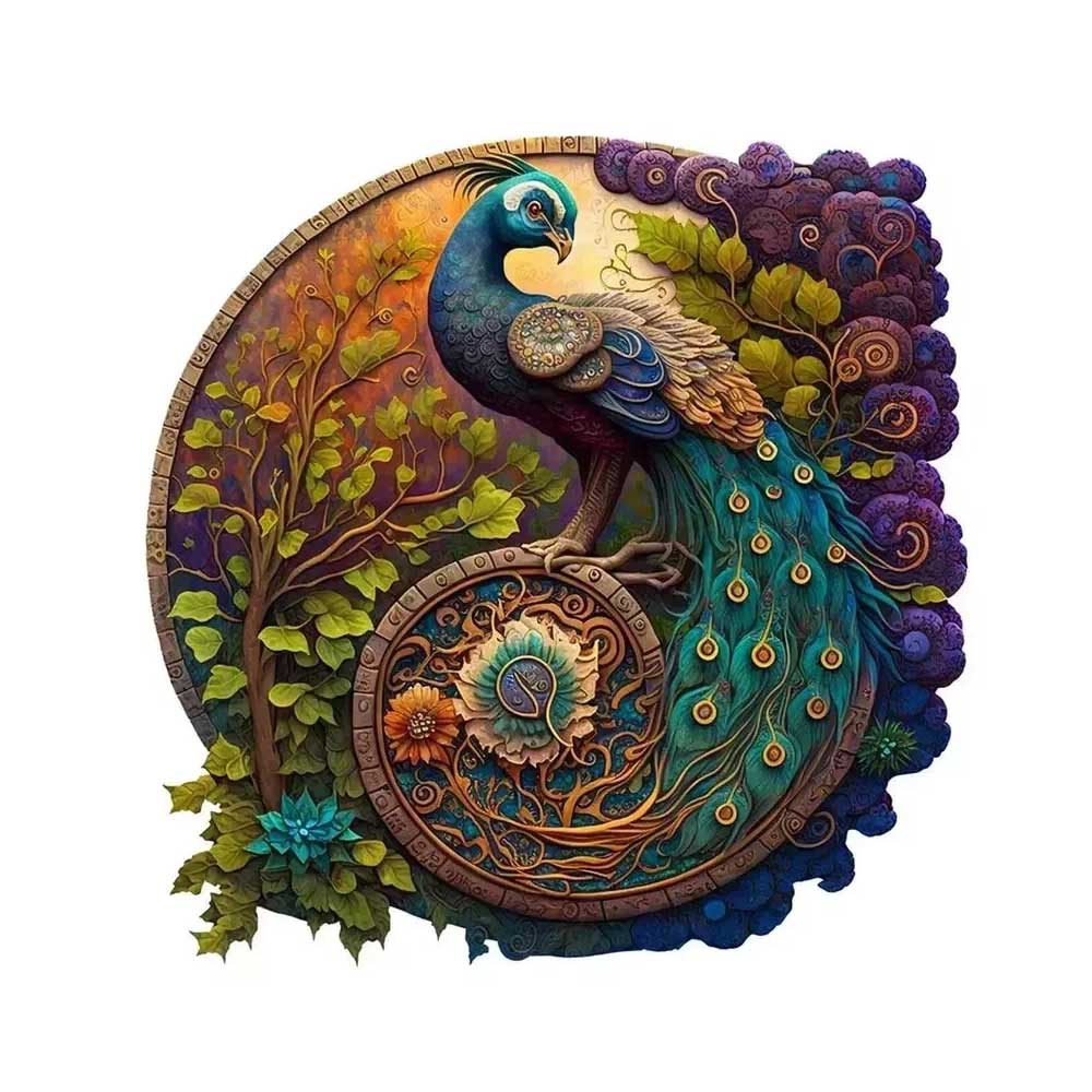 Peacock Round Wooden Jigsaw Puzzle – Artistic Decor & Relaxing Gift for Adults and Families